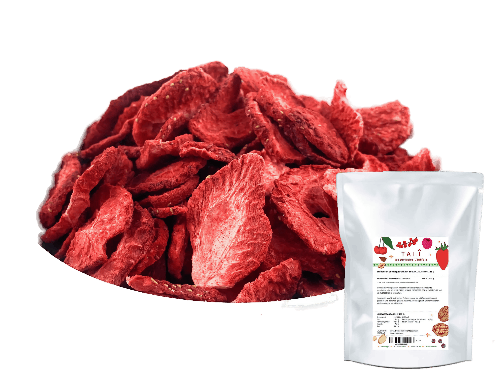 Erdbeeren gefriergetrocknet SPECIAL EDITION mit Anti-Staub-Coating - weniger Pulver 125 g Beutel